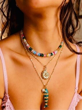 Set of 3 Necklaces with Gold Shell, Blue Fish, Pearl & Multicolor Stones